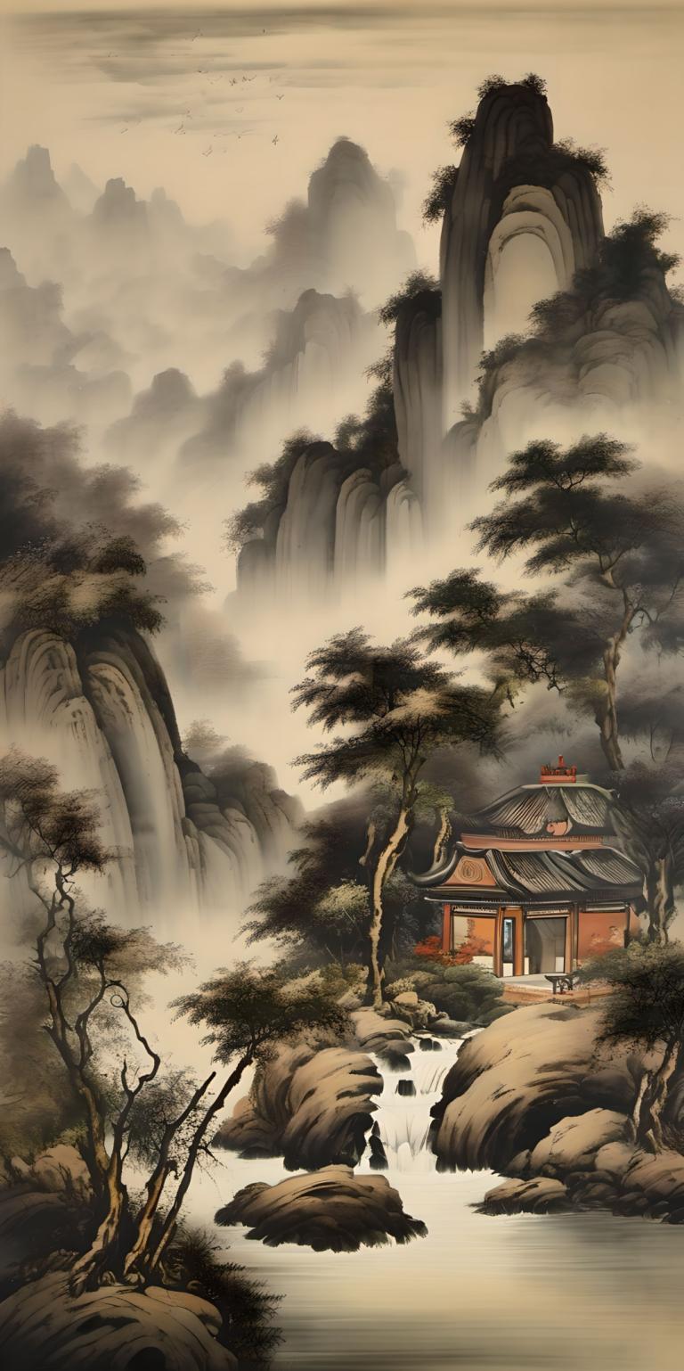 Chinese Paintings,Chinese Paintings, Nature, landscape, tree, scenery, water, nature, bird, waterfall, forest