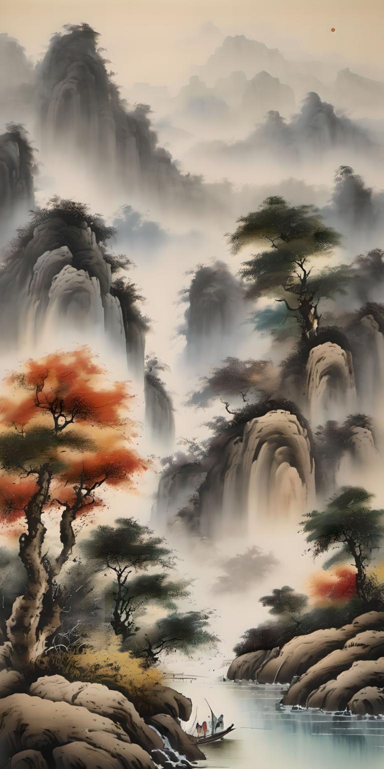 Chinese Paintings,Chinese Paintings, Nature, landscape, inubashiri momiji, waterfall, tree, tokin hat, water