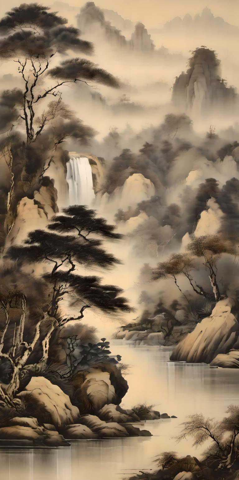 Peintures chinoises,Peintures chinoises, Nature, paysage, cascade, eau, pas d'humains, arbre, paysage