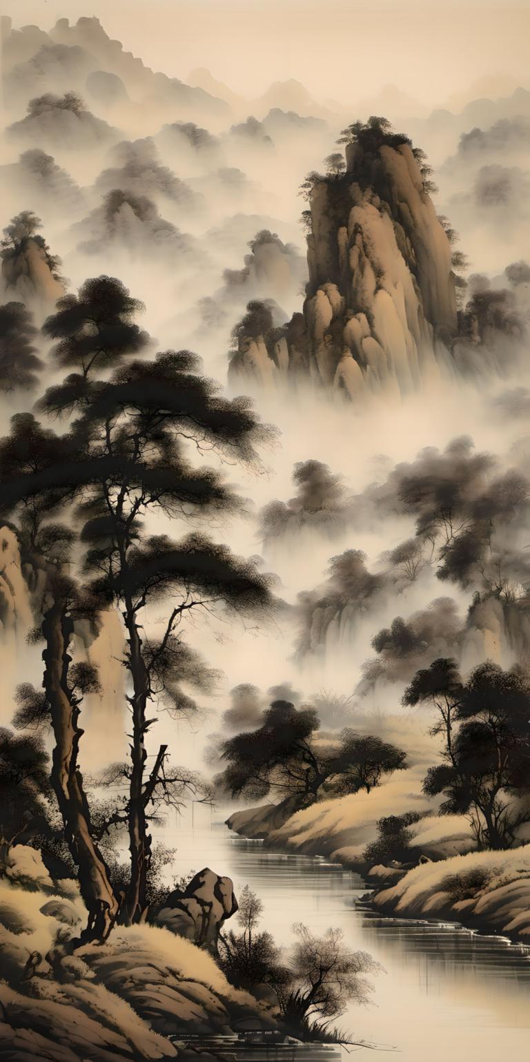 Chinese Paintings,Chinese Paintings, Nature, landscape, no humans, scenery, tree, nature, river, water