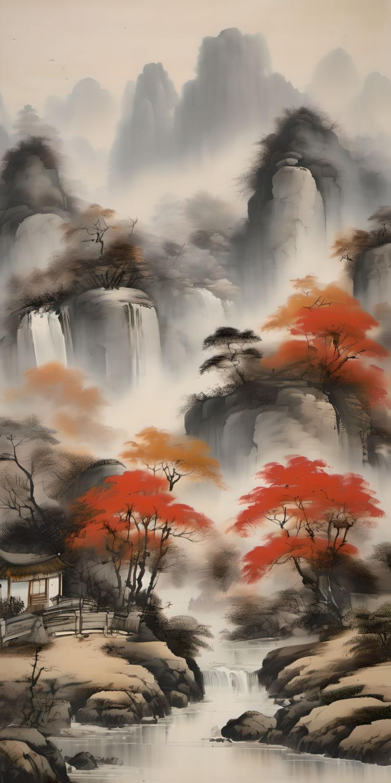 Chinese Paintings,Chinese Paintings, Nature, landscape, no humans, scenery, tree, waterfall, water, outdoors