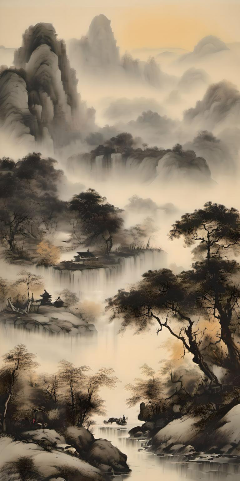 Peintures chinoises,Peintures chinoises, Nature, paysage, pas d'humains, paysage, arbre, eau, cascade