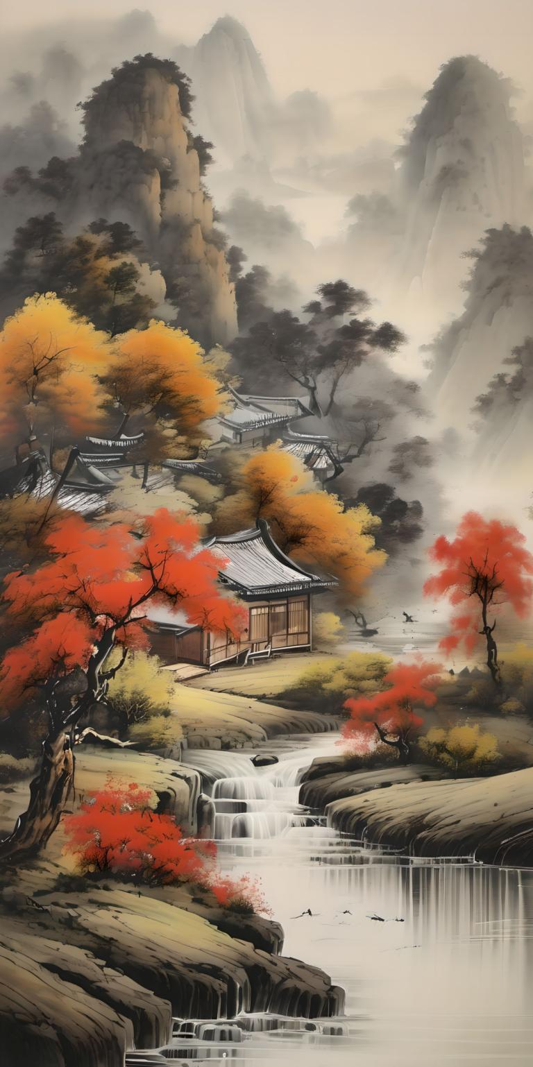 Peintures chinoises,Peintures chinoises, Nature, paysage, pas d'humains, paysage, arbre, eau, cascade