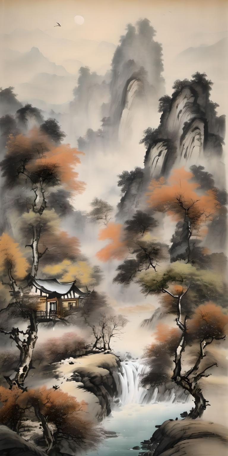 Peintures chinoises,Peintures chinoises, Nature, paysage, pas d'humains, paysage, arbre, cascade, eau, oiseau