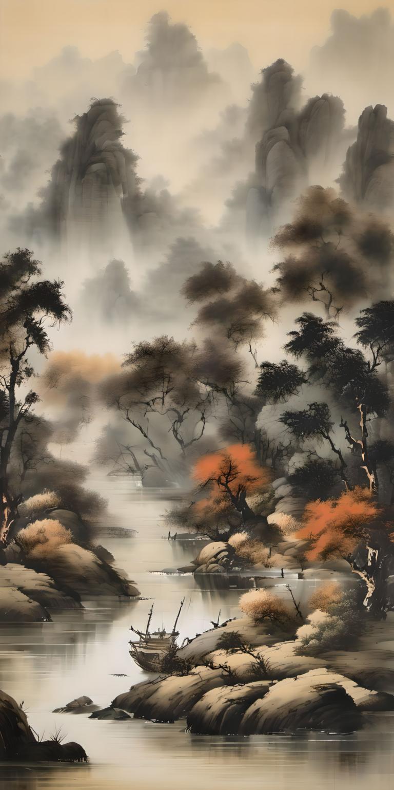 Chinese Paintings,Chinese Paintings, Nature, landscape, tree, no humans, scenery, water, waterfall, outdoors