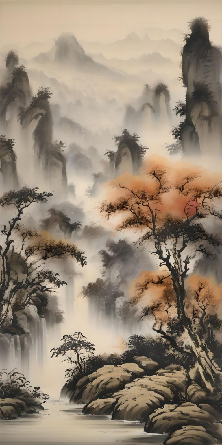 Peintures chinoises,Peintures chinoises, Nature, paysage, pas d'humains, arbre, paysage, eau, cascade, nature