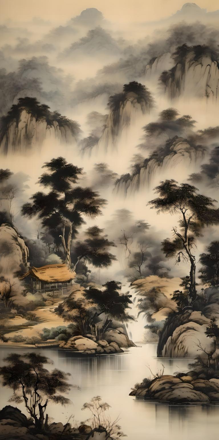 Peintures chinoises,Peintures chinoises, Nature, paysage, pas d'humains, arbre, paysage, nature, eau