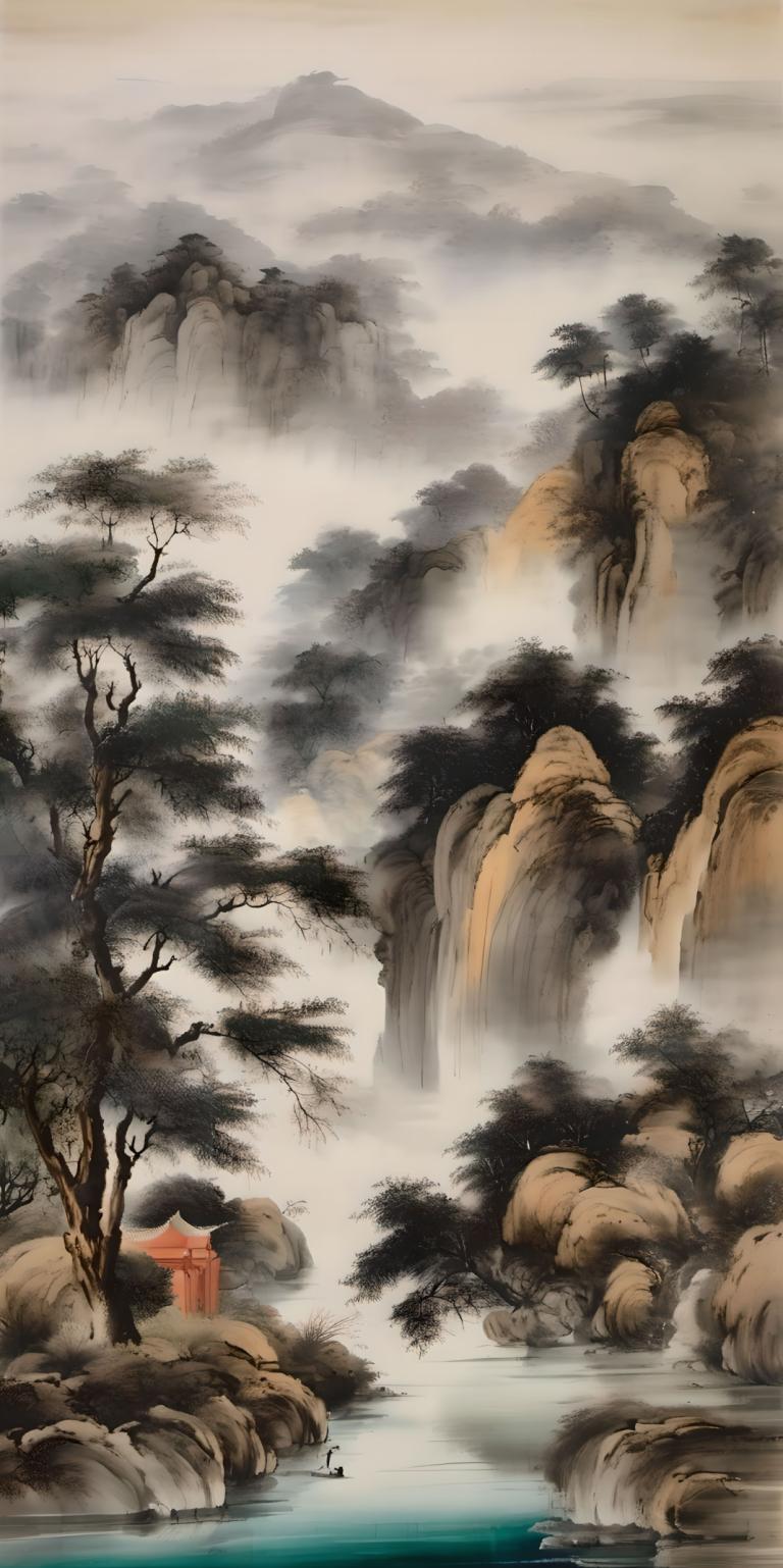 Chinese Paintings,Chinese Paintings, Nature, landscape, tree, scenery, water, no humans, outdoors, mountain