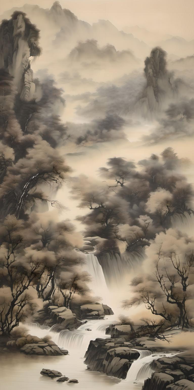 Peintures chinoises,Peintures chinoises, Nature, paysage, cascade, pas d'humains, paysage, arbre, eau, nature