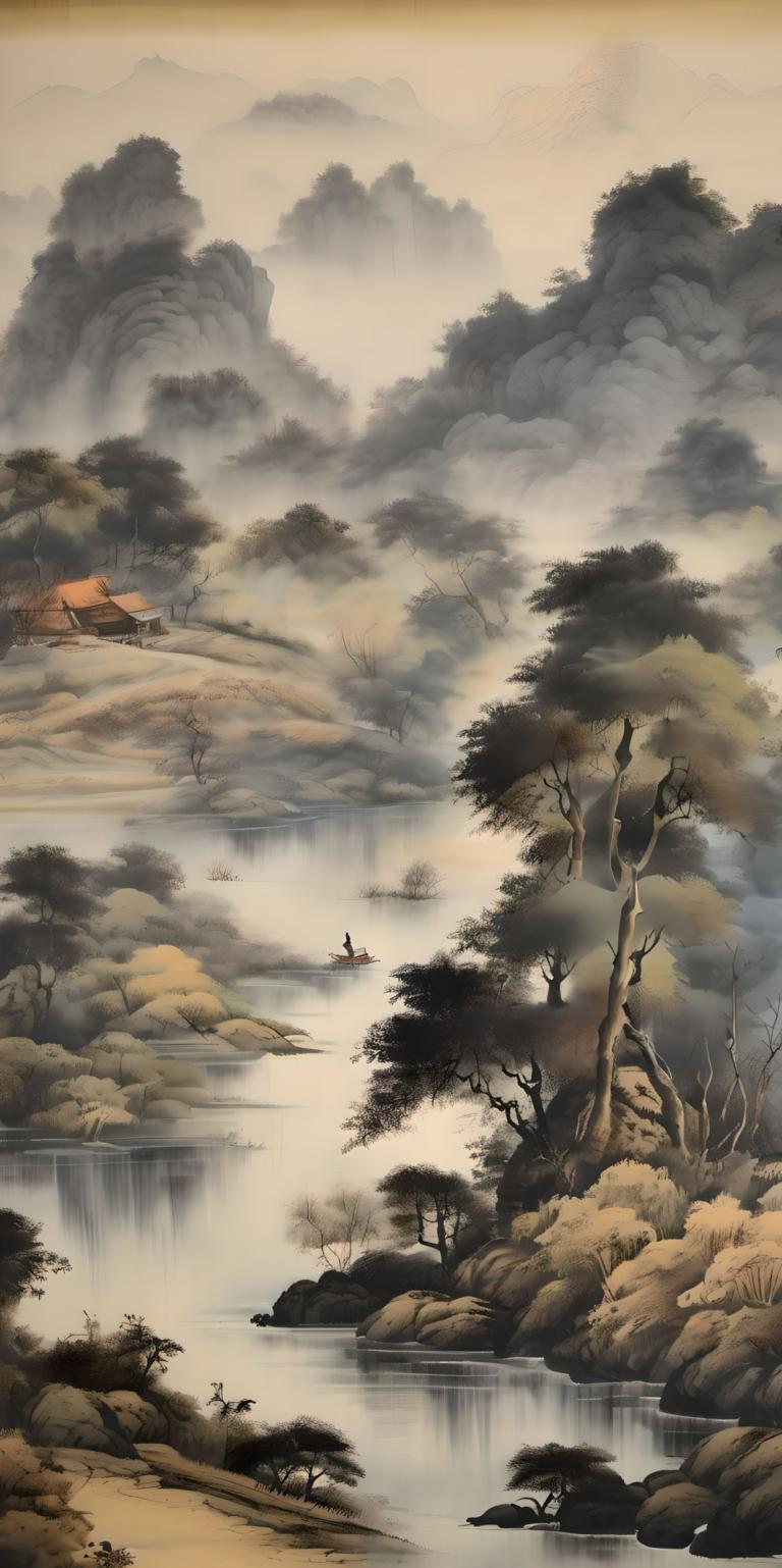 Chinese Paintings,Chinese Paintings, Nature, landscape, tree, water, scenery, river, nature, waterfall