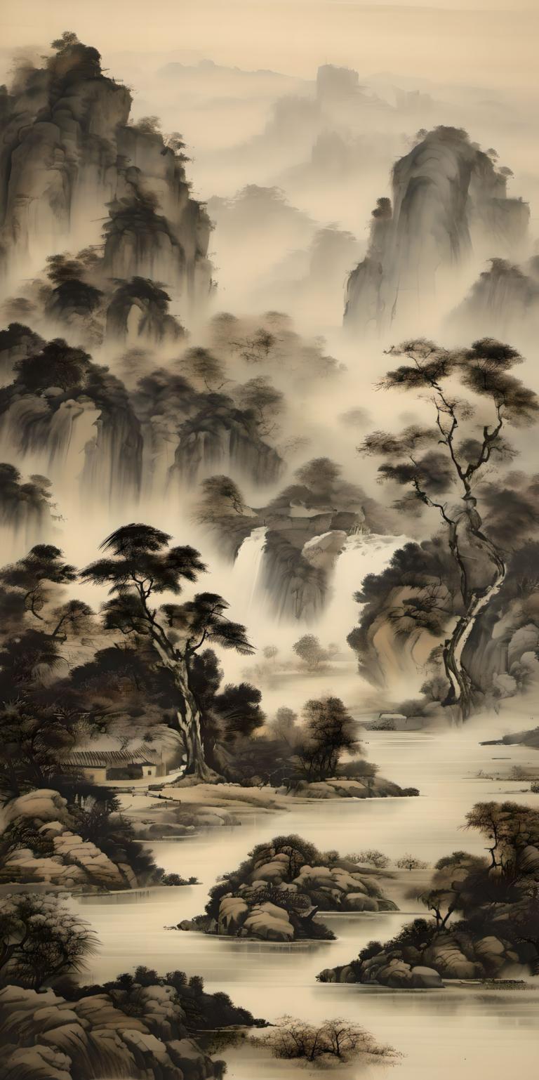 Chinese Paintings,Chinese Paintings, Nature, landscape, no humans, tree, scenery, waterfall, water, nature