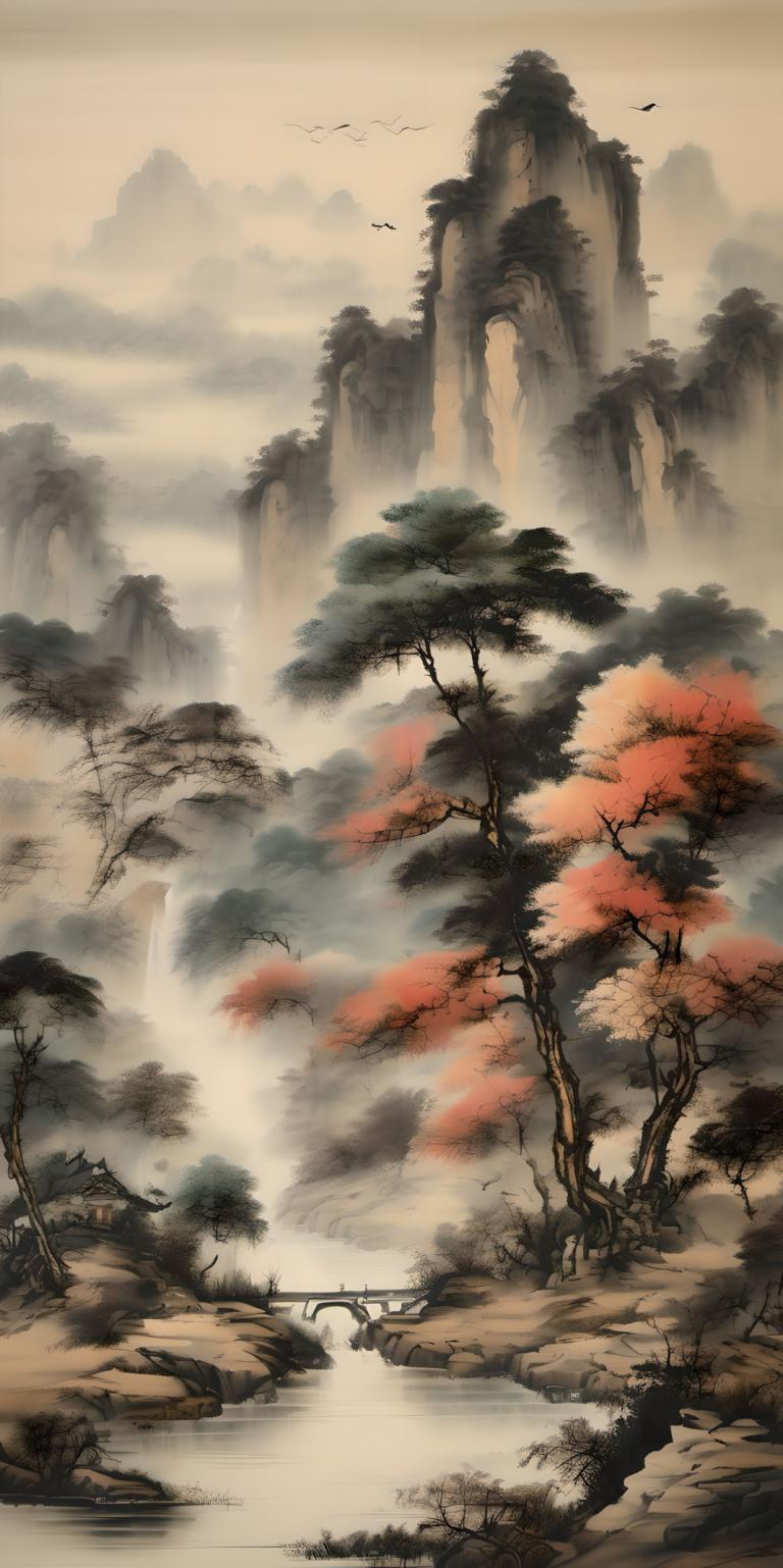 Chinese Paintings,Chinese Paintings, Nature, landscape, no humans, scenery, tree, waterfall, bird, water