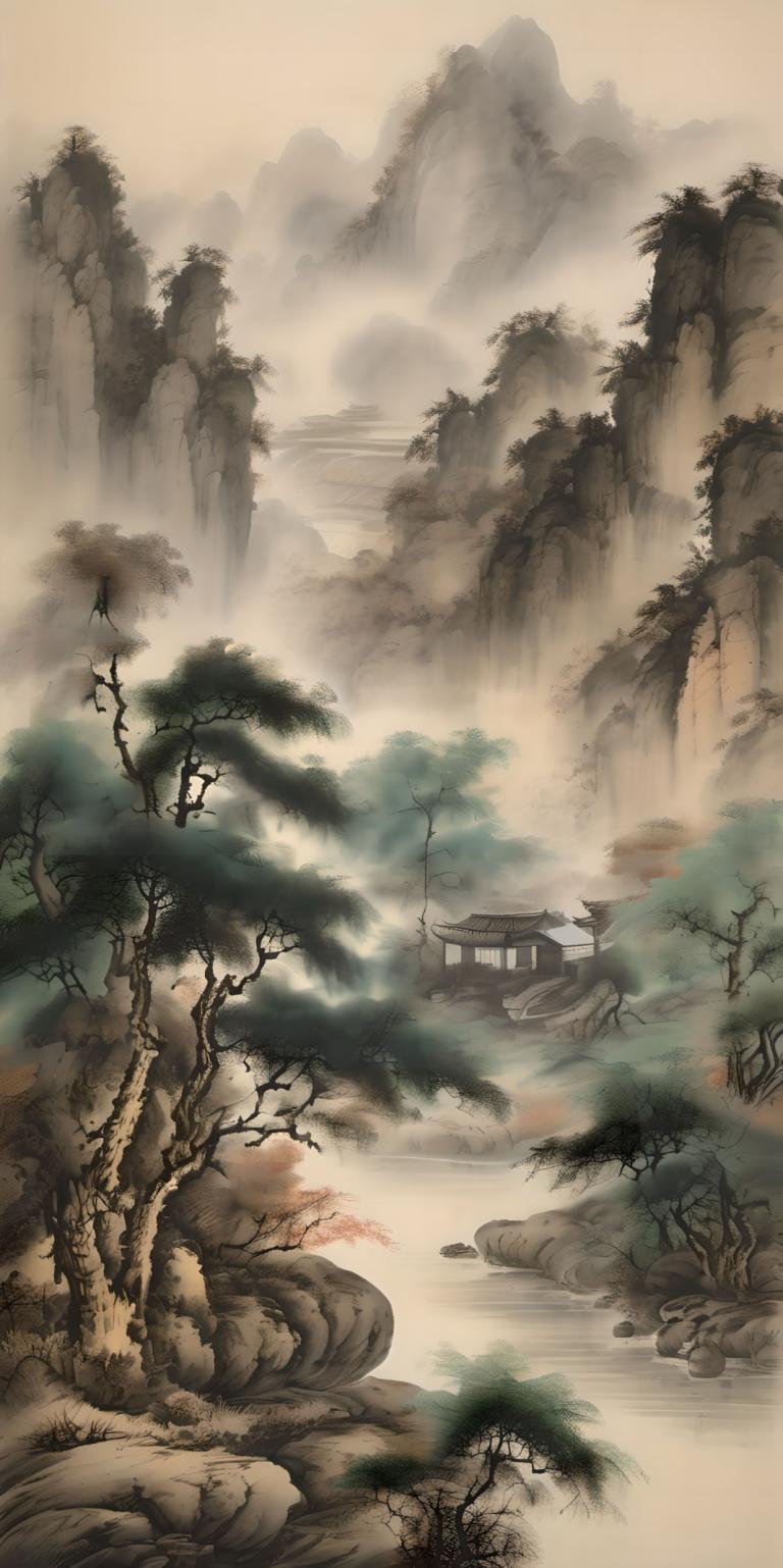 Chinesische Gemälde,Chinesische Gemälde, Natur, Landschaft, keine Menschen, Baum, Landschaft, Wasser, Fluss