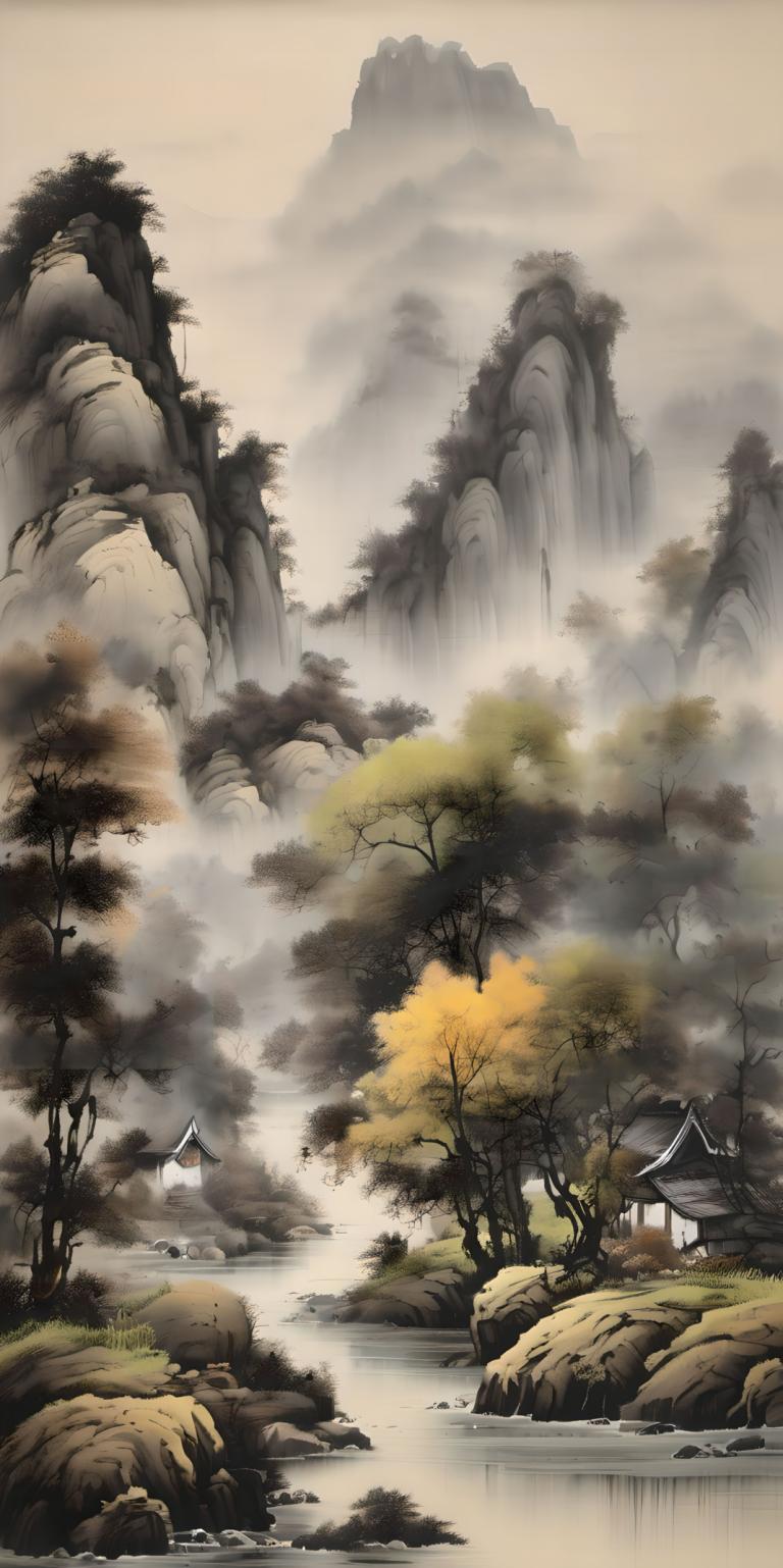 中国絵画,中国絵画, 自然, 風景, 景色, 木, 人間がいない, 建築, 自然, 水, 東アジアの建築, 山, 森, 屋外, 滝, 霧, 雲, 風景, ロック, 空