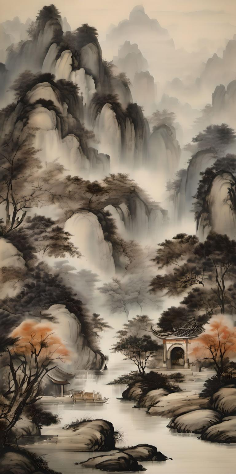 Chinese Paintings,Chinese Paintings, Nature, landscape, no humans, tree, scenery, nature, water, outdoors