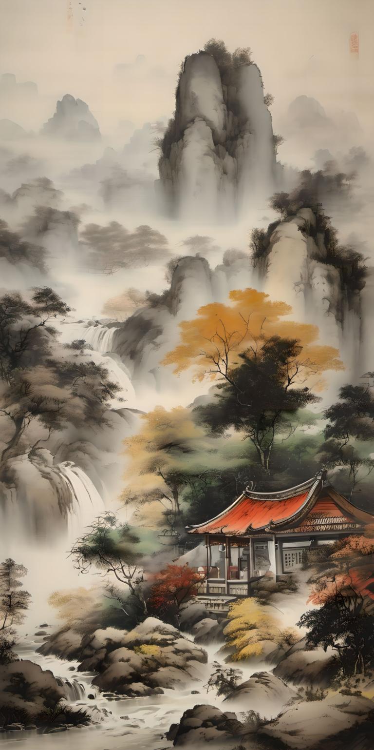 Chinese Paintings,Chinese Paintings, Nature, landscape, no humans, scenery, tree, waterfall, water