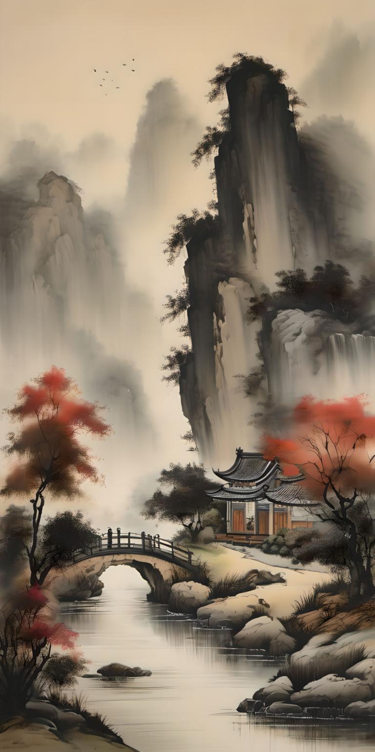 Chinese Paintings,Chinese Paintings, Nature, landscape, no humans, scenery, tree, bird, architecture, water