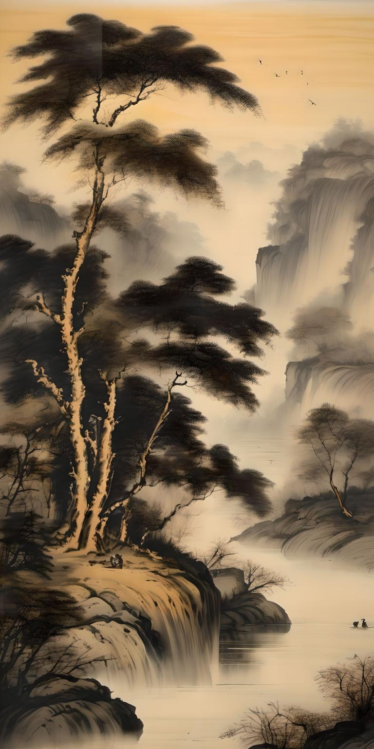 Peintures chinoises,Peintures chinoises, Nature, paysage, arbre, paysage, nature, oiseau, eau, en plein air