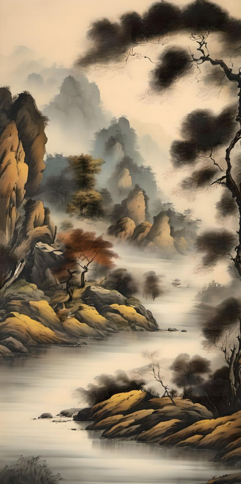 Chinese Paintings,Chinese Paintings, Nature, landscape, tree, scenery, outdoors, fog, smoke, rock, nature