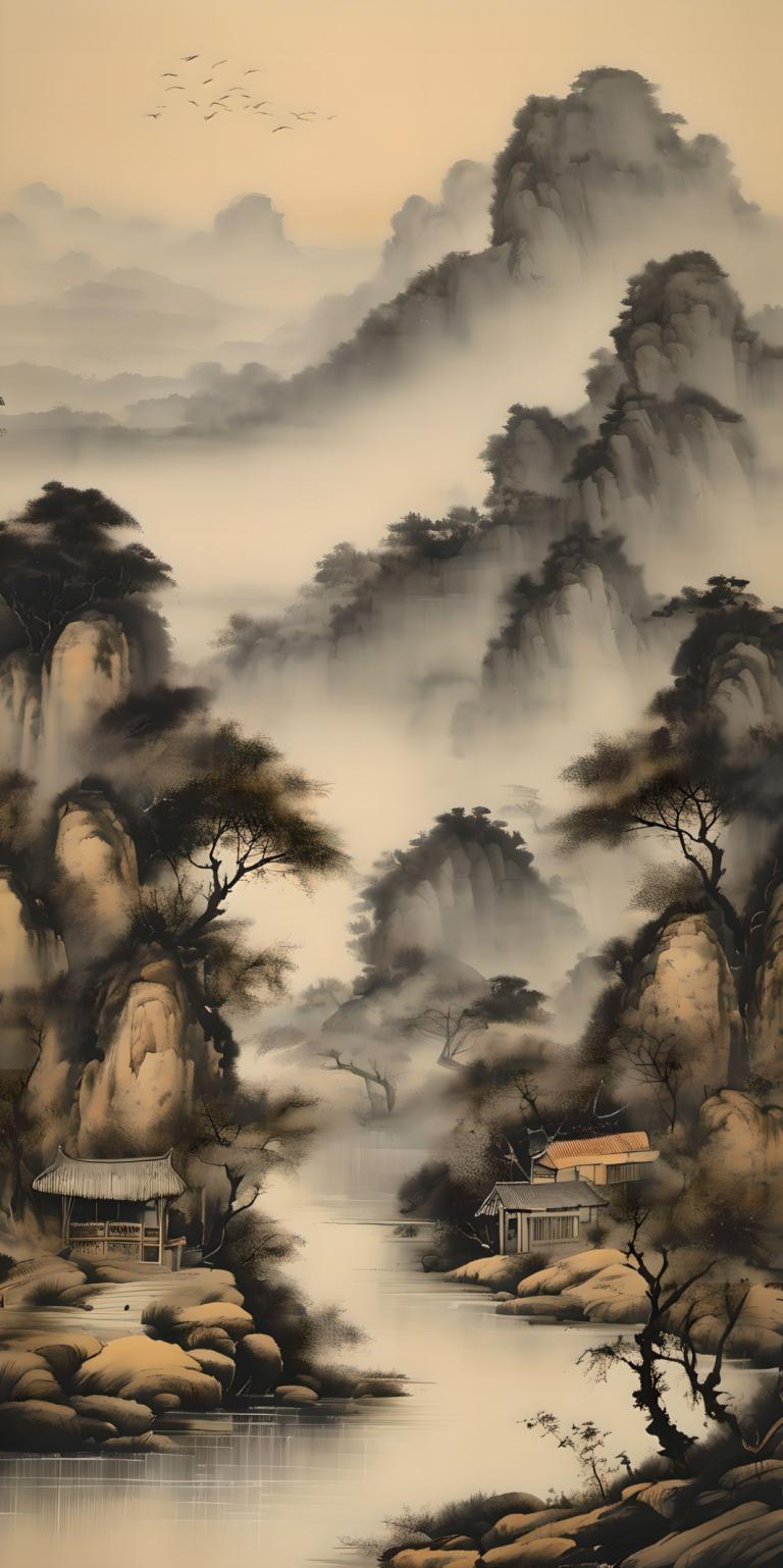 Peintures chinoises,Peintures chinoises, Nature, paysage, paysage, pas d'humains, arbre, oiseau, montagne