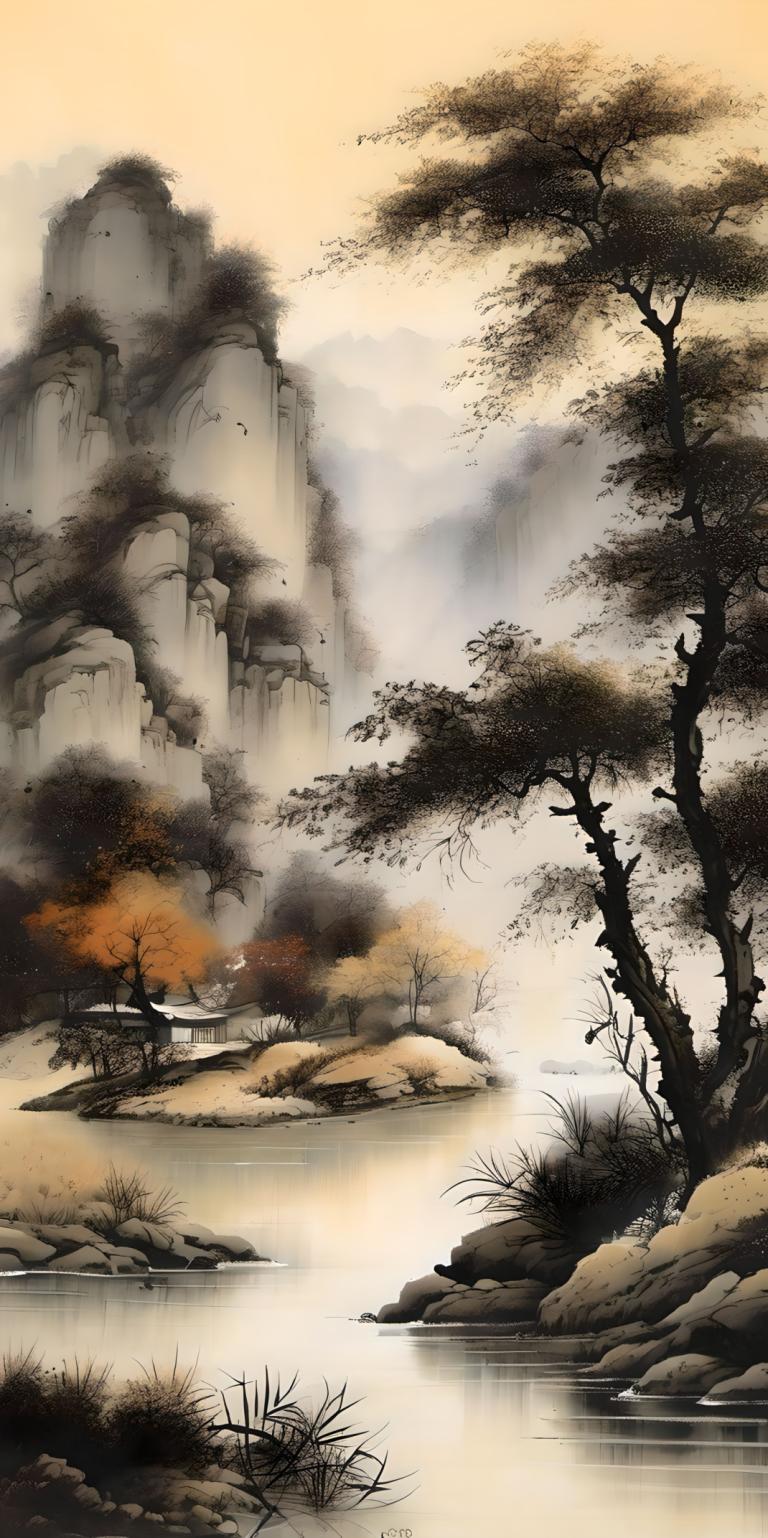 Peintures chinoises,Peintures chinoises, Nature, paysage, pas d'humains, arbre, paysage, eau, rivière