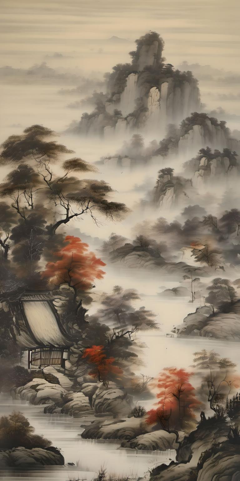 Peintures chinoises,Peintures chinoises, Nature, paysage, pas d'humains, arbre, paysage, nature, eau