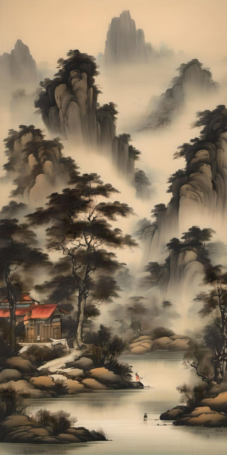 Chinese Paintings,Chinese Paintings, Nature, landscape, tree, scenery, water, nature, house, river, mountain