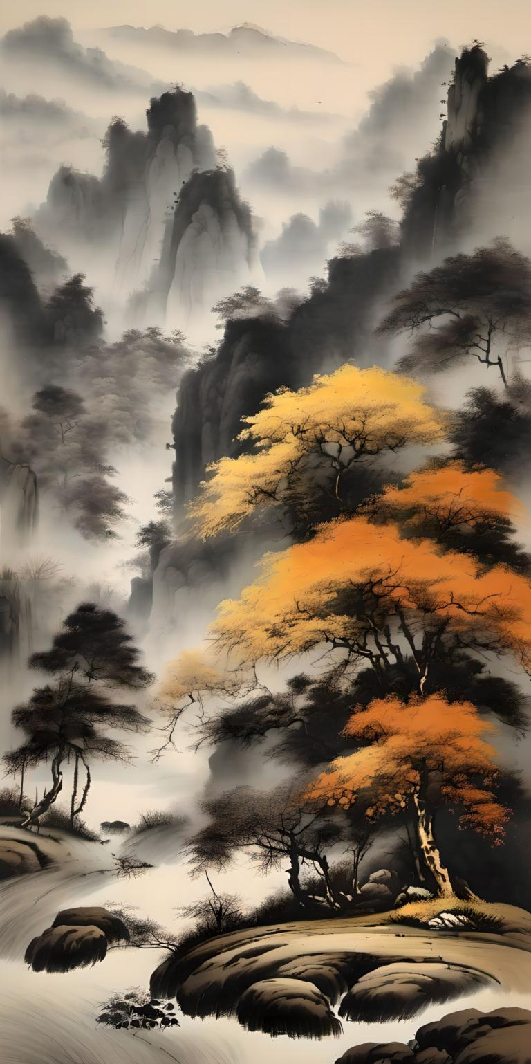 Peintures chinoises,Peintures chinoises, Nature, paysage, pas d'humains, arbre, paysage, nature, montagne