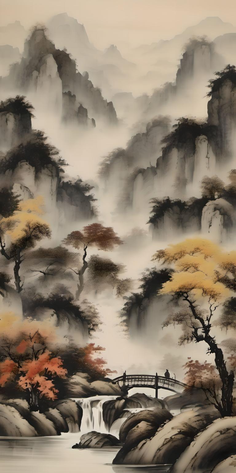 Peintures chinoises,Peintures chinoises, Nature, paysage, pont, cascade, paysage, arbre, pas d'humains, eau