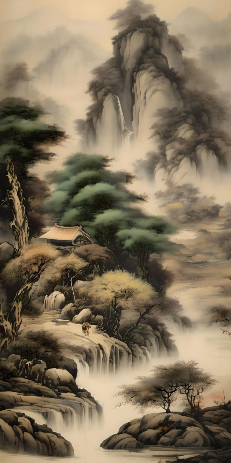 中国絵画,中国絵画, 自然, 風景, 木, 景色, 滝, 自然, 水, 森, 川, 1女の子, 山, ロック, 屋外