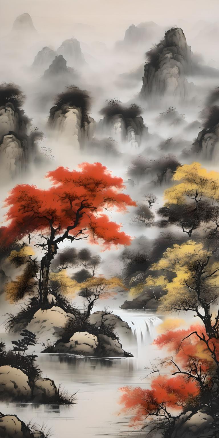 Peintures chinoises,Peintures chinoises, Nature, paysage, pas d'humains, cascade, paysage, arbre, eau, nature