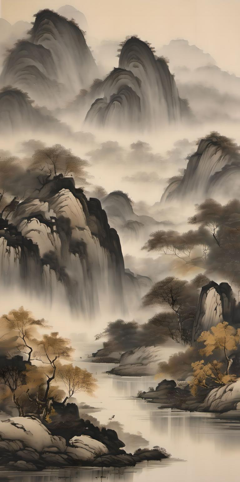 Chinese Paintings,Chinese Paintings, Nature, landscape, no humans, scenery, tree, water, waterfall, outdoors