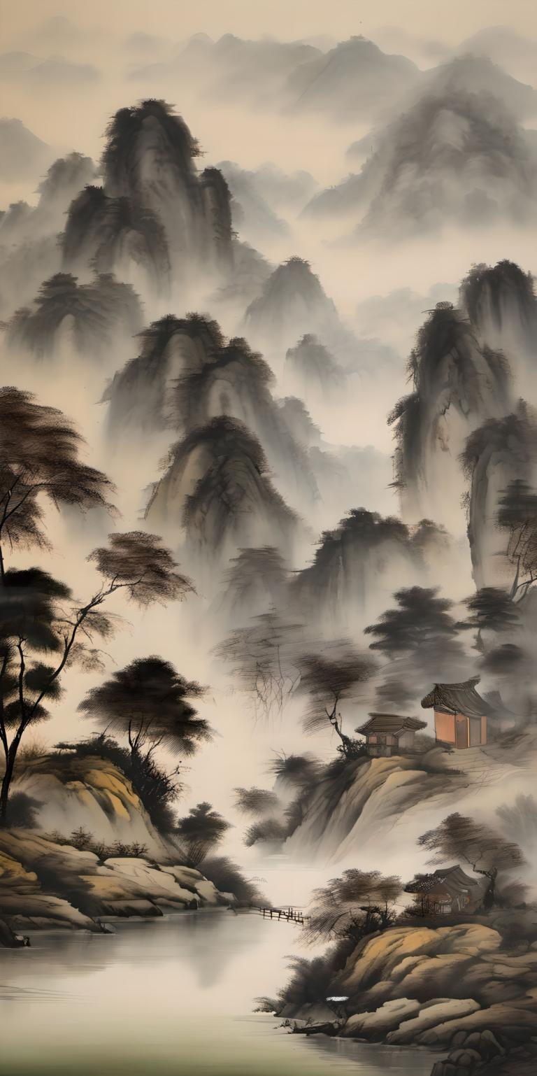 Chinese Paintings,Chinese Paintings, Nature, landscape, no humans, scenery, tree, mountain, outdoors, fog