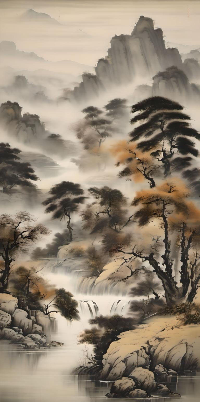 Chinese Paintings,Chinese Paintings, Nature, landscape, tree, scenery, nature, forest, water, river, mountain