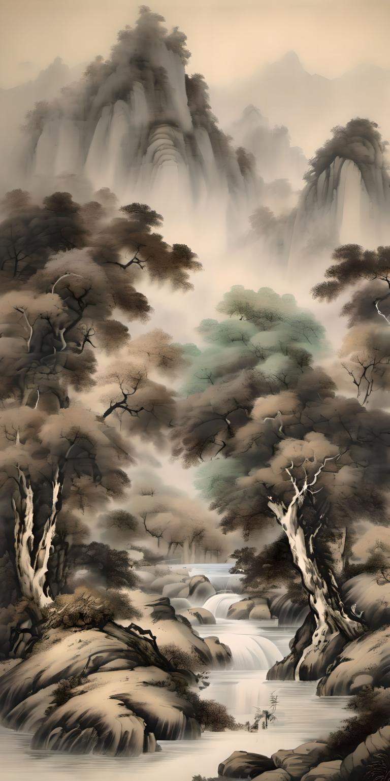 Chinese Paintings,Chinese Paintings, Nature, landscape, tree, scenery, waterfall, water, nature, forest