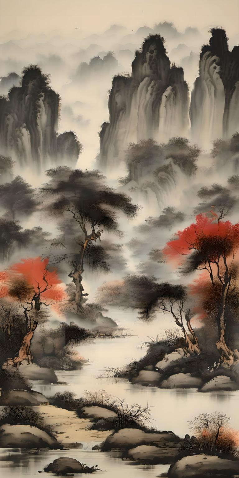 Chinesische Gemälde,Chinesische Gemälde, Natur, Landschaft, keine Menschen, Landschaft, Baum, Wasser, Nebel