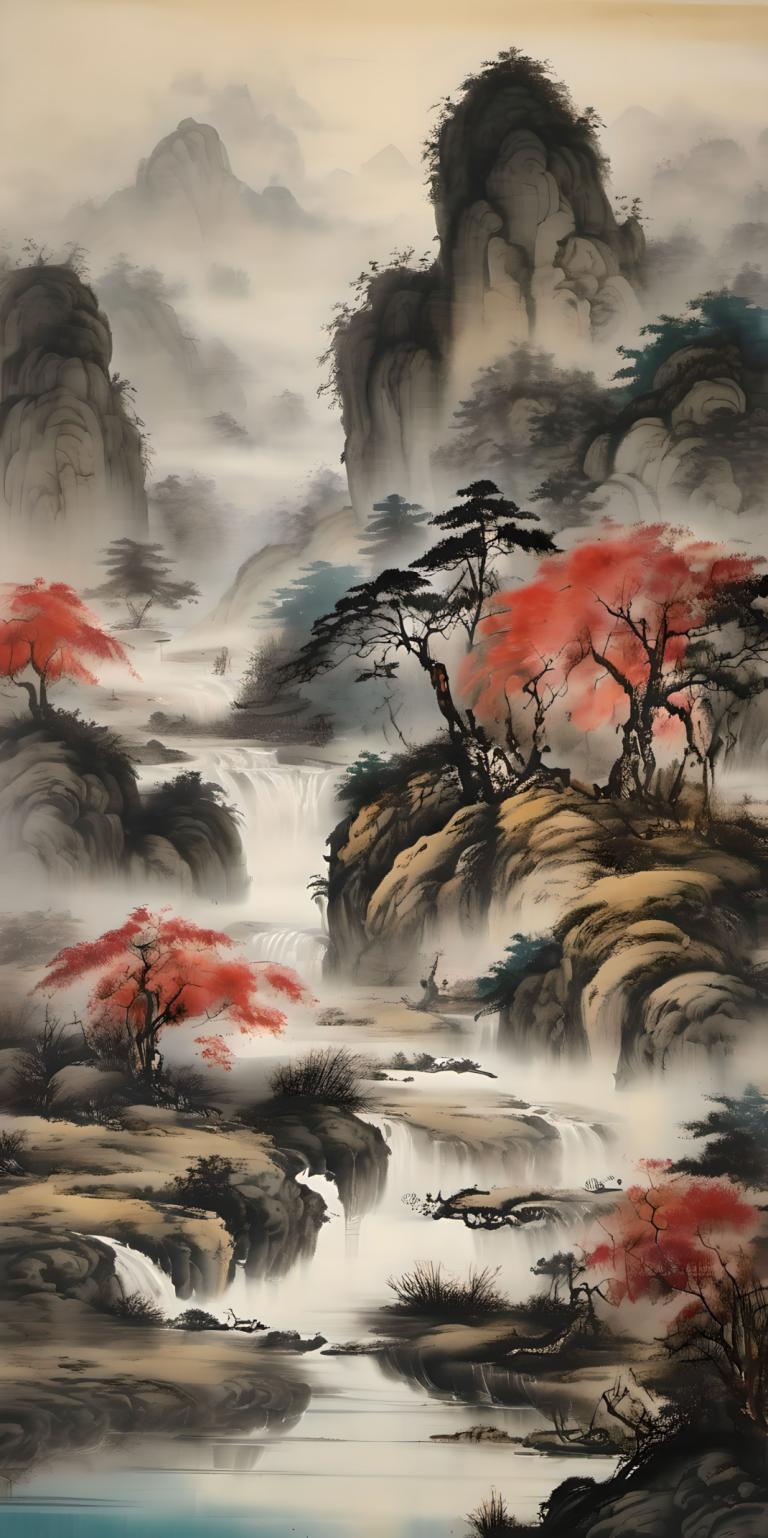 Chinese Paintings,Chinese Paintings, Nature, landscape, tree, scenery, waterfall, water, bird, no humans