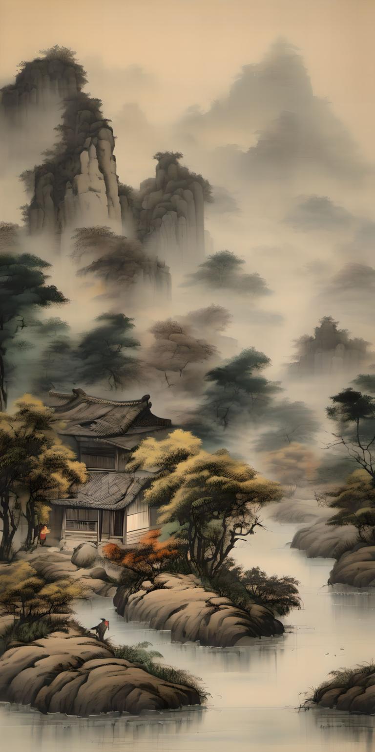 Chinese Paintings,Chinese Paintings, Nature, landscape, scenery, tree, solo, outdoors, water, architecture