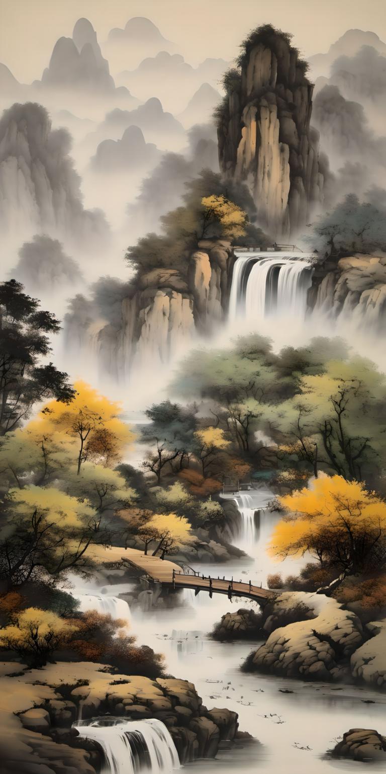 国画,国画, 自然, 风景, 瀑布, 没有人类, 风景, 树, 水, 自然, 户外, 河, 桥, 山, 森林, 景观, 岩石