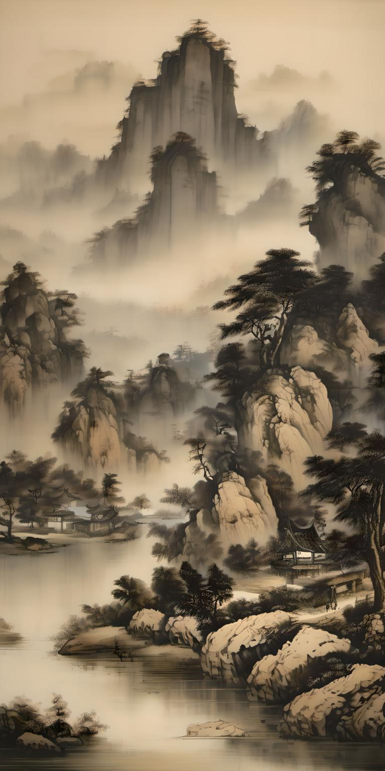 Chinese Paintings,Chinese Paintings, Nature, landscape, no humans, scenery, tree, river, water, outdoors