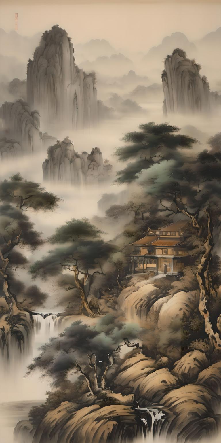 Chinese Paintings,Chinese Paintings, Nature, landscape, no humans, scenery, tree, waterfall, water, nature