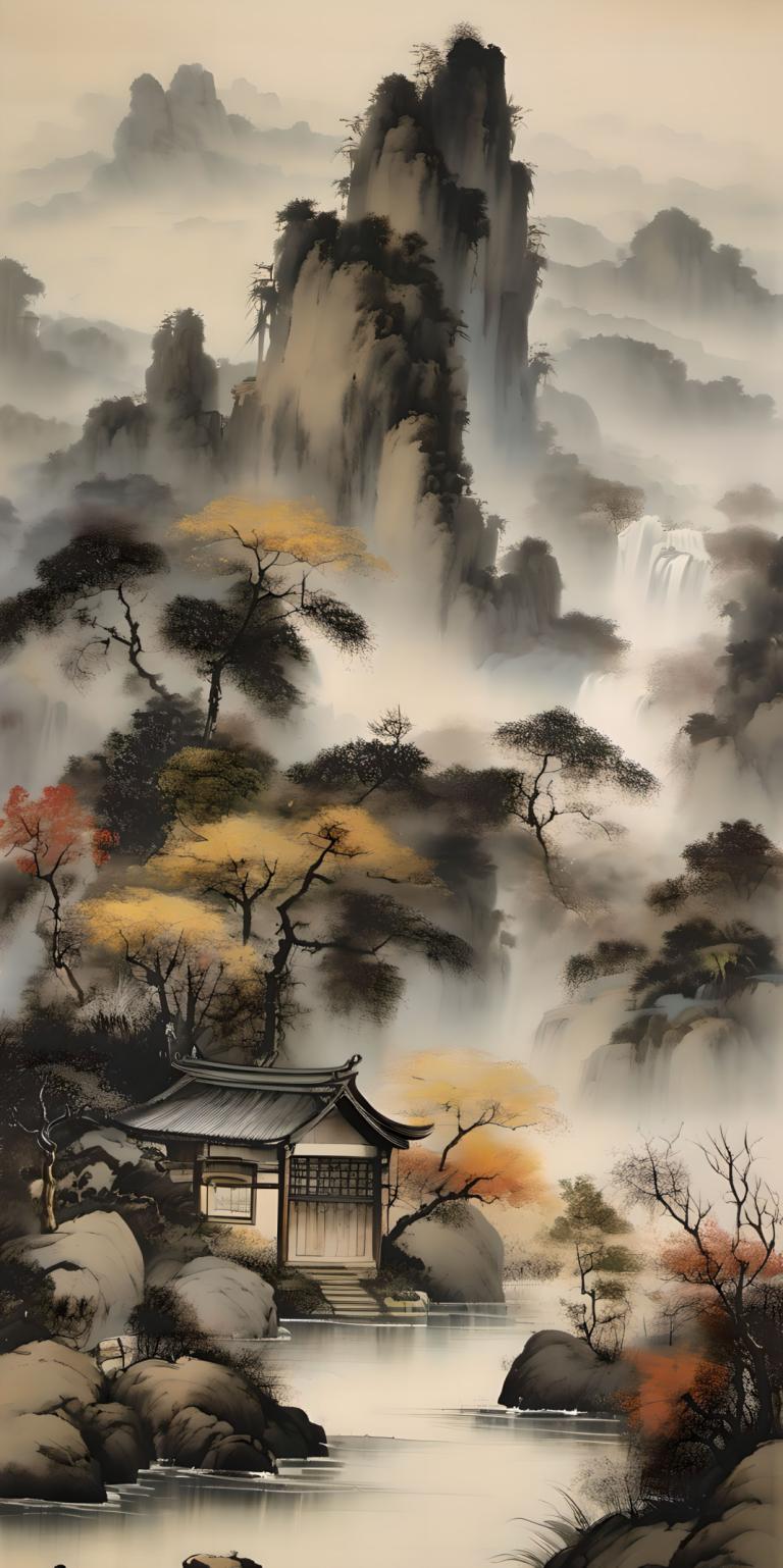 Chinese Paintings,Chinese Paintings, Nature, landscape, tree, scenery, water, no humans, mountain, waterfall