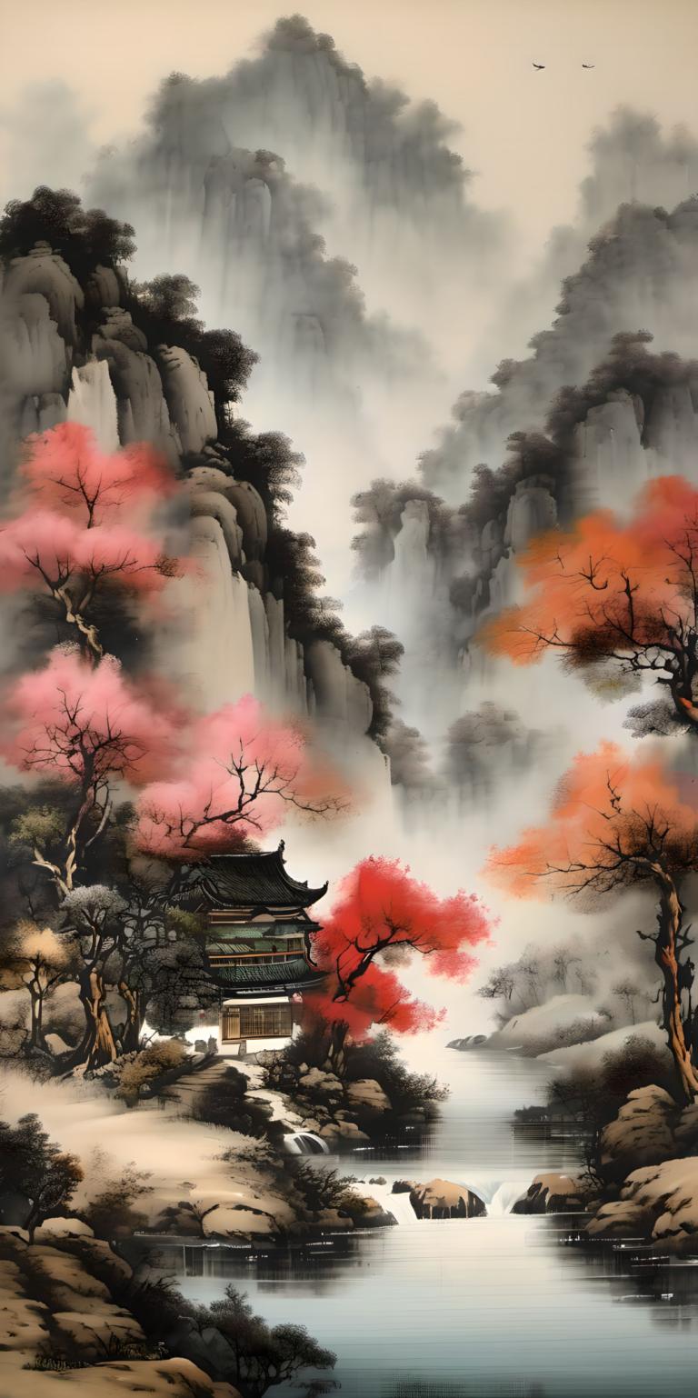 Chinese Paintings,Chinese Paintings, Nature, landscape, no humans, tree, scenery, architecture