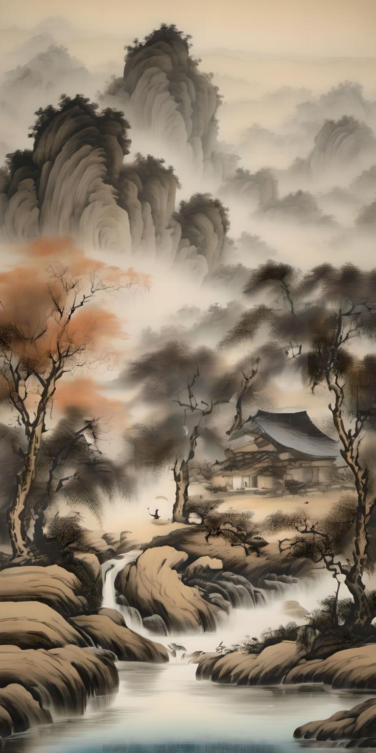 Chinesische Gemälde,Chinesische Gemälde, Natur, Landschaft, Baum, Landschaft, keine Menschen, Wasser, Natur