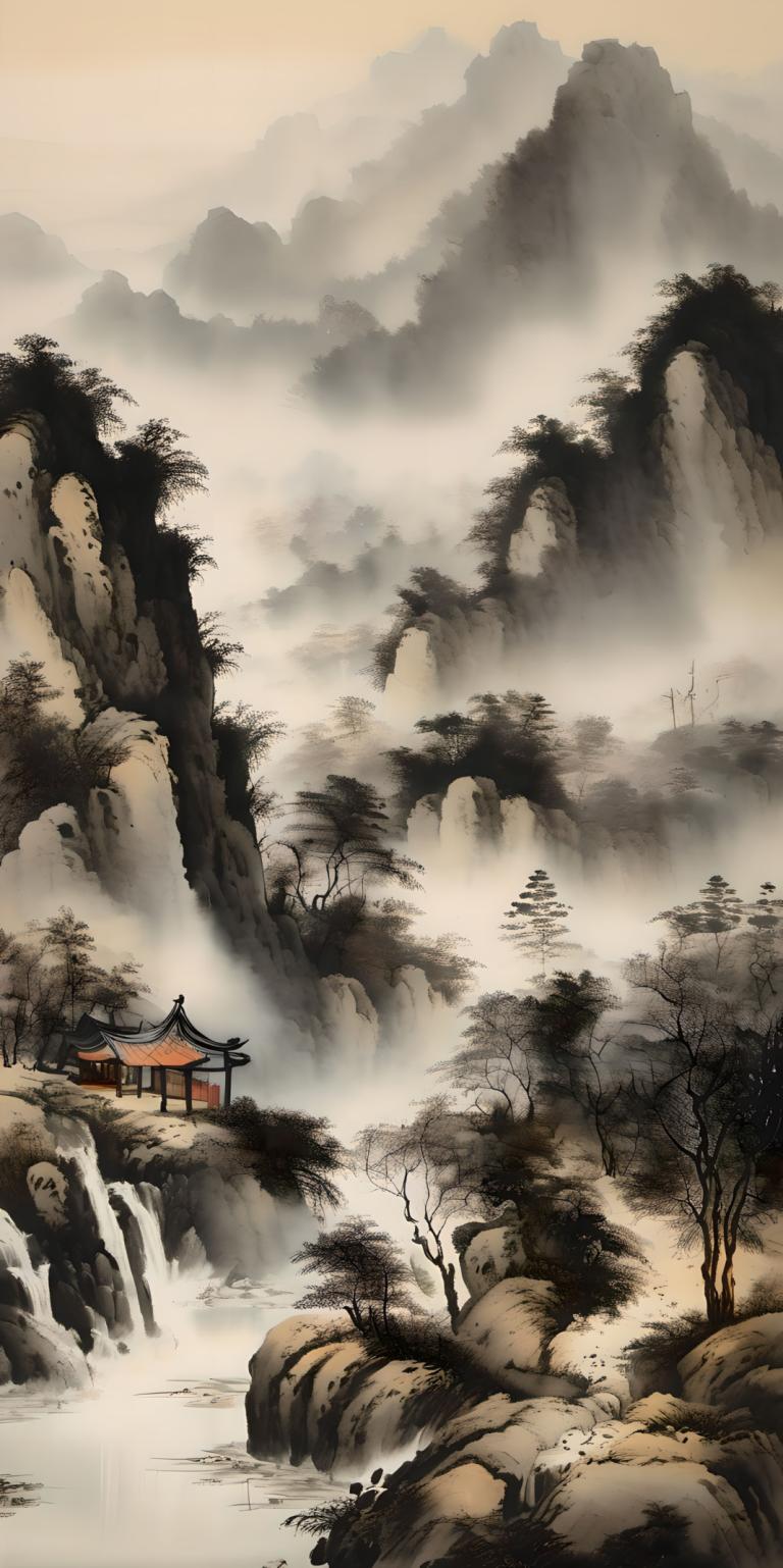 国画,国画, 自然, 风景, 没有人类, 风景, 树, 建筑学, 水, 东亚建筑, 山, 户外, 自然, 瀑布, 岩石, 河, 多雾路段