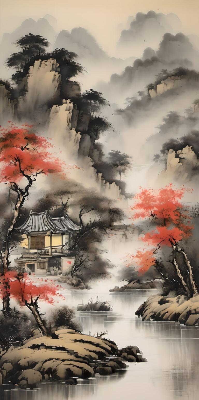 Peintures chinoises,Peintures chinoises, Nature, paysage, pas d'humains, arbre, paysage, architecture