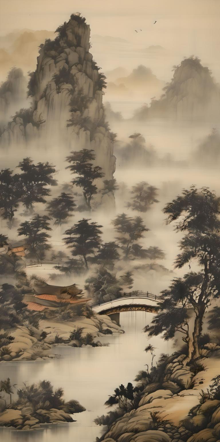 Chinese Paintings,Chinese Paintings, Nature, landscape, tree, no humans, scenery, river, nature, water, bird