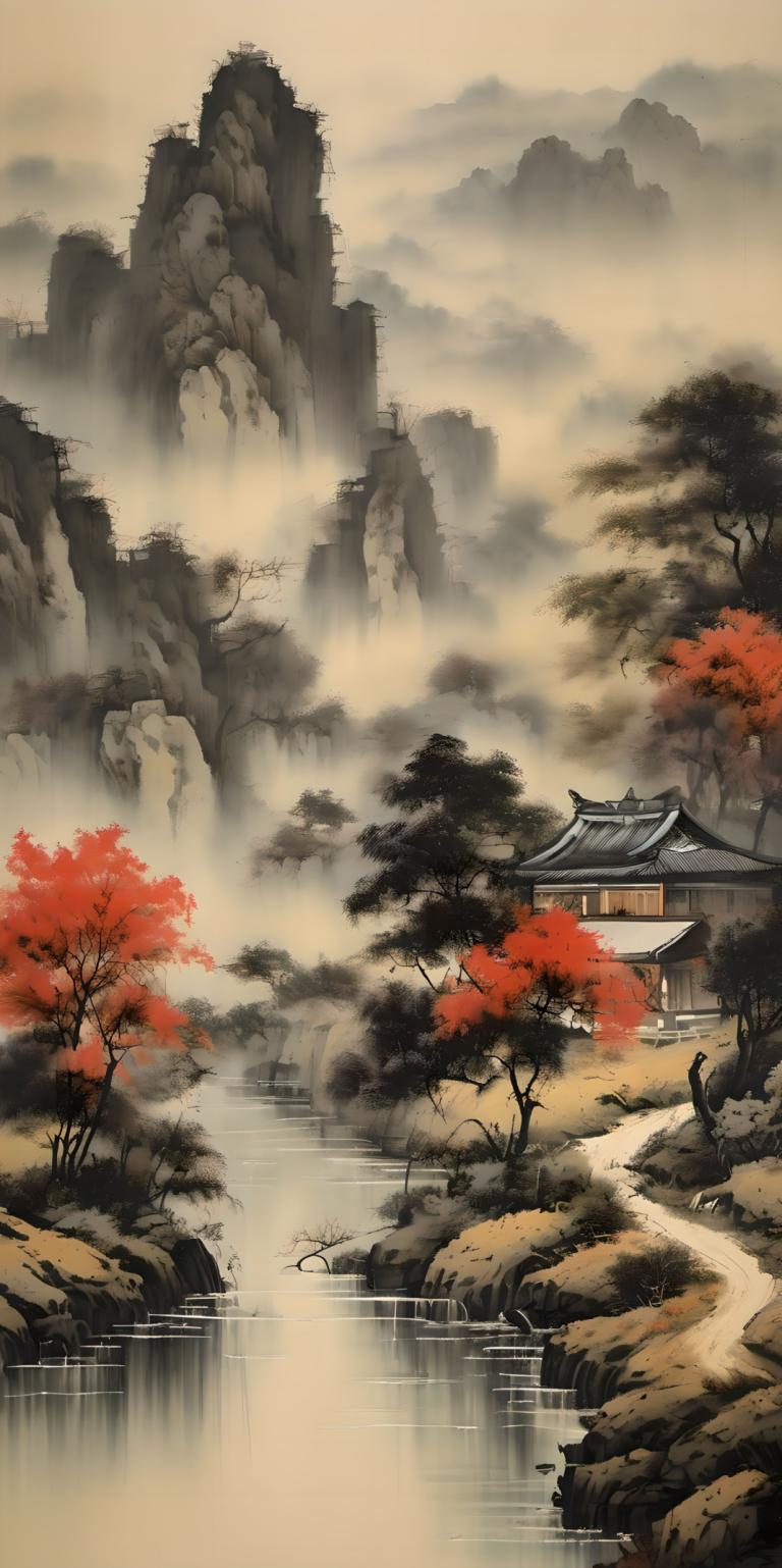 Peintures chinoises,Peintures chinoises, Nature, paysage, pas d'humains, paysage, arbre, architecture, eau