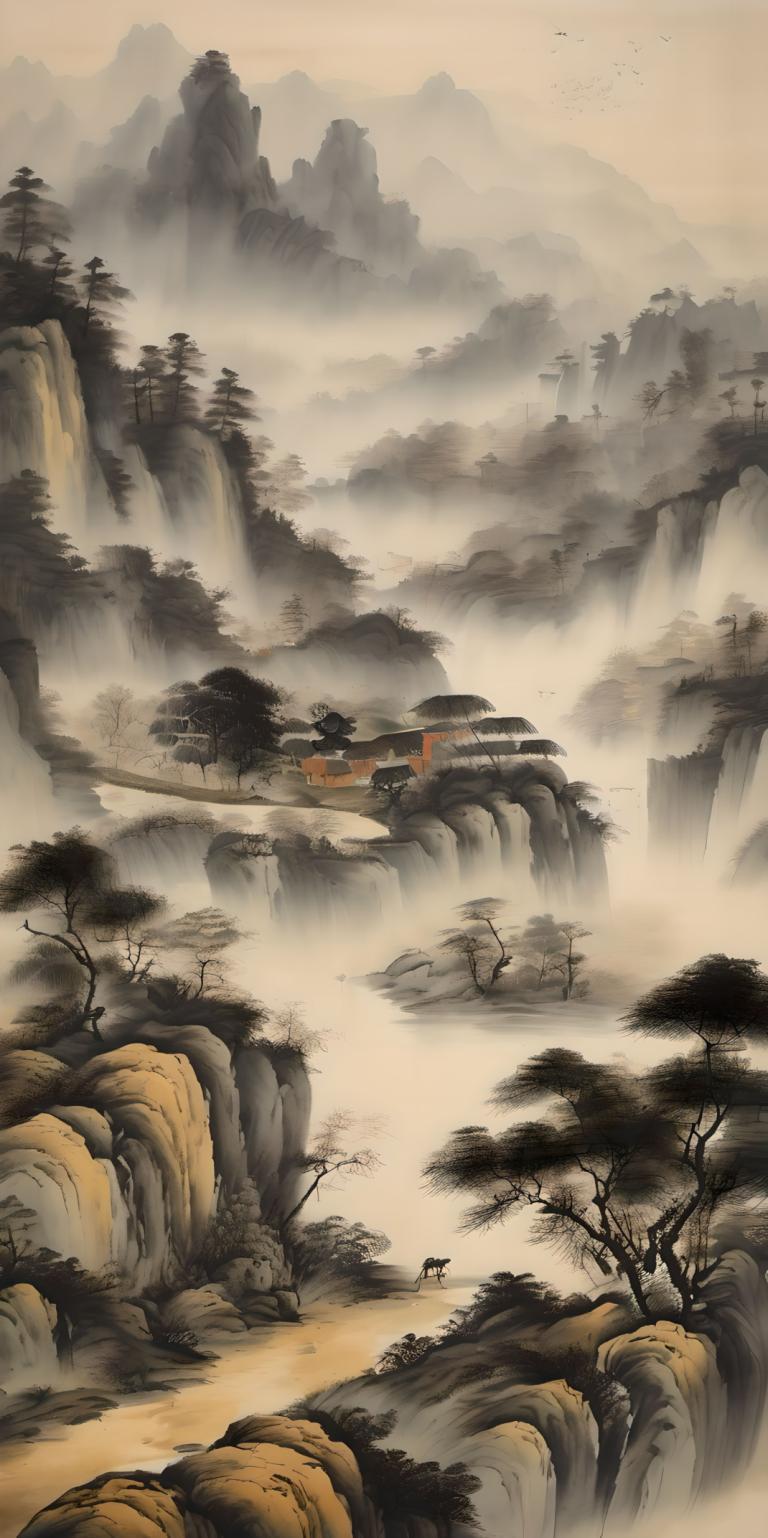 Chinese Paintings,Chinese Paintings, Nature, landscape, no humans, scenery, tree, mountain, outdoors, nature