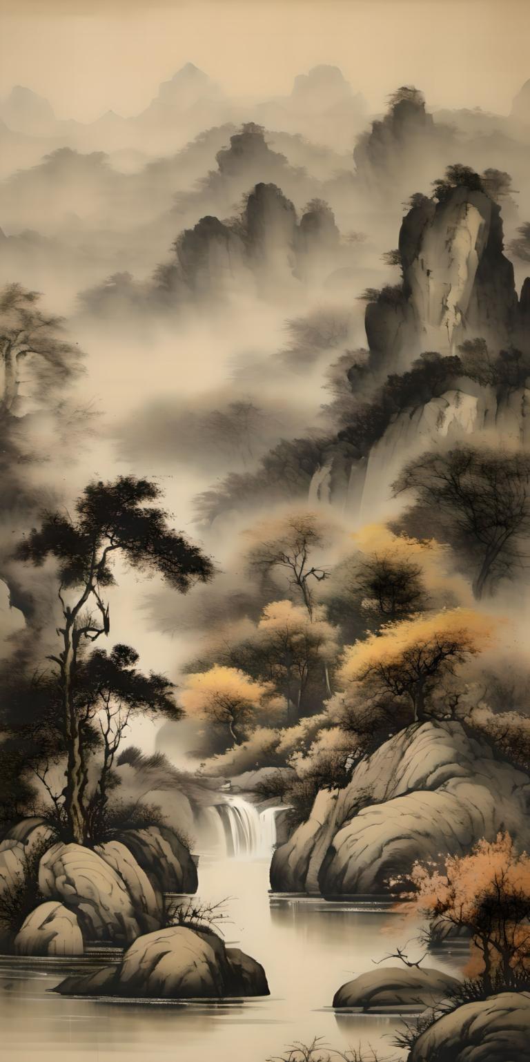 Chinesische Gemälde,Chinesische Gemälde, Natur, Landschaft, keine Menschen, Landschaft, Wasserfall, Baum